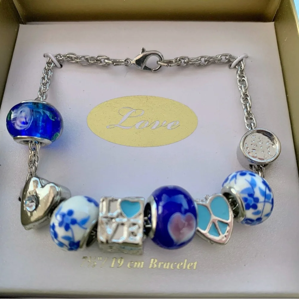 Peace and Love Blue and White Multi-Shape Beads Silver Tone 7-1/2” Bracelet